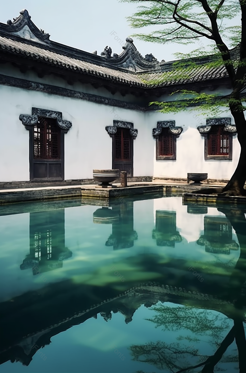 中国传统建筑院子平静的水池绿色的湖水清澈见底图像摄影,高清,摄影图,摄影图片,图片大全,摄影图免费下载